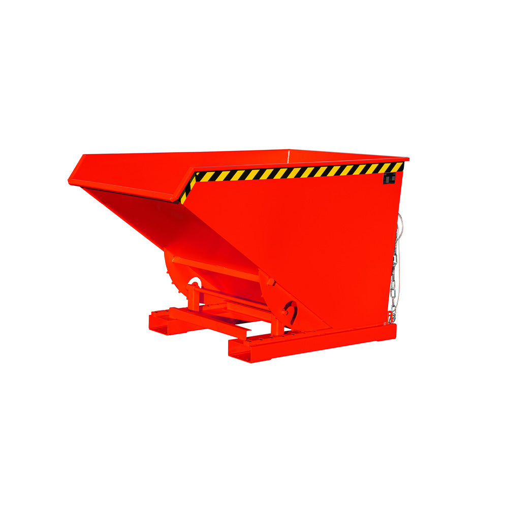 Tippcontainer EXPO® 1200 i röd RAL 3000, med säkerhetskedja och gaffelhylsor.