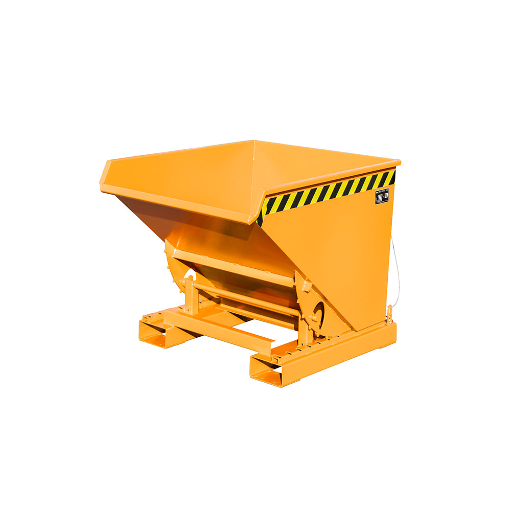 Tippcontainer EXPO® 300 i orange RAL 2000, kompakt konstruktion med tippande mekanism.