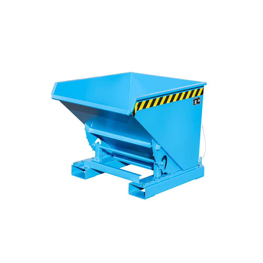 Tippcontainer EXPO® 300 i blå RAL 5012, kompakt konstruktion med tippande mekanism.