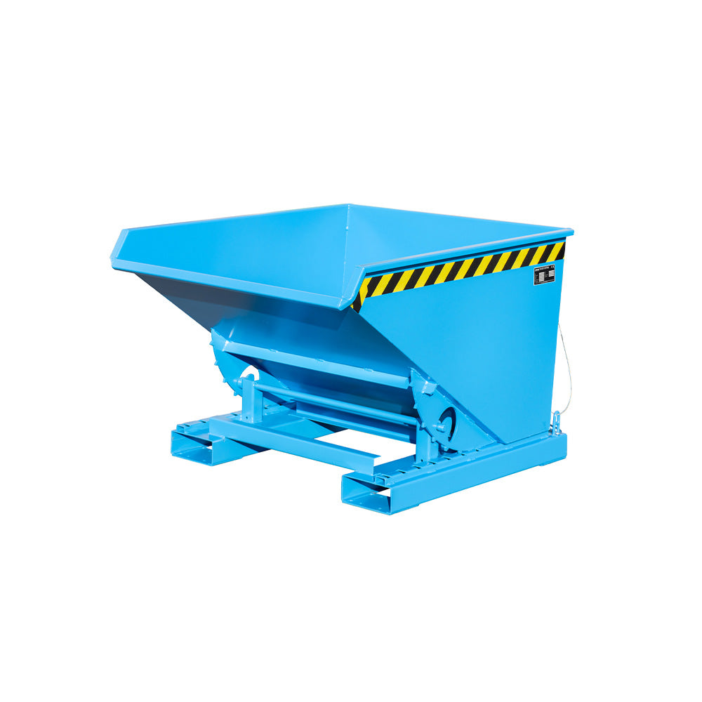 Tippcontainer EXPO® 600 för gaffeltruck i sidovy, lackerad i blå RAL 5012.