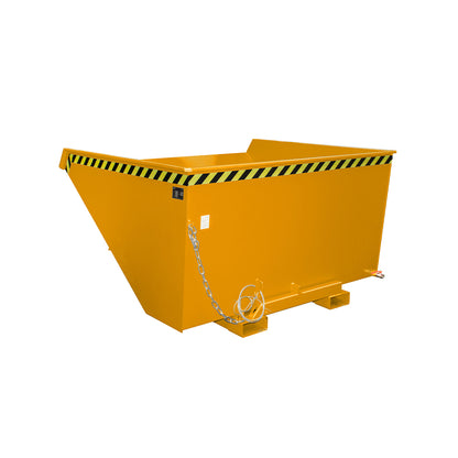 Tippcontainer EXPO®-E 2100 för spån i orange RAL 2000, med avtappningsrör och dragvajer.