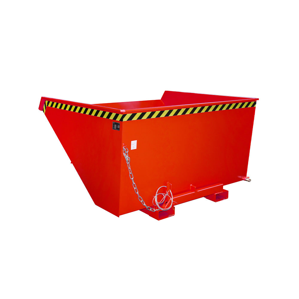 Tippcontainer EXPO®-E 2100 för spån i röd RAL 3000, med avtappningsrör och dragvajer.