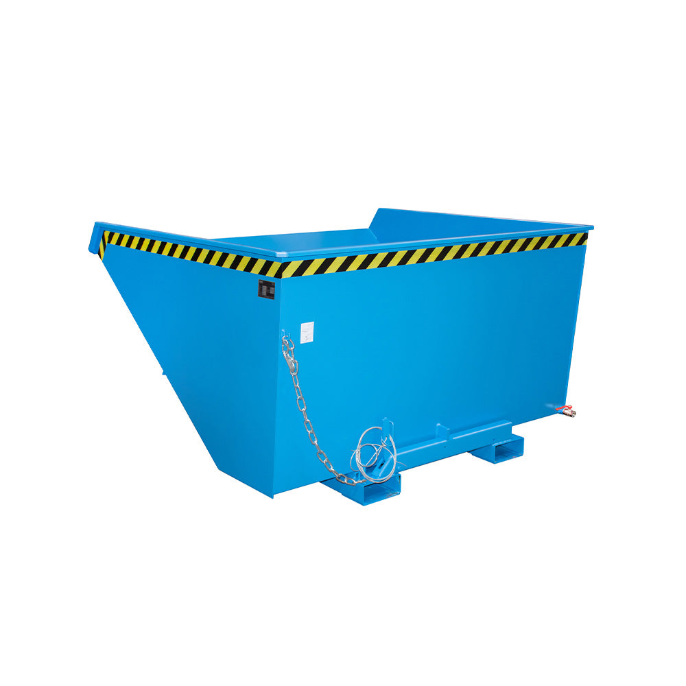 Tippcontainer EXPO®-E 2100 för spån i blå RAL 5012, med avtappningsrör och dragvajer.