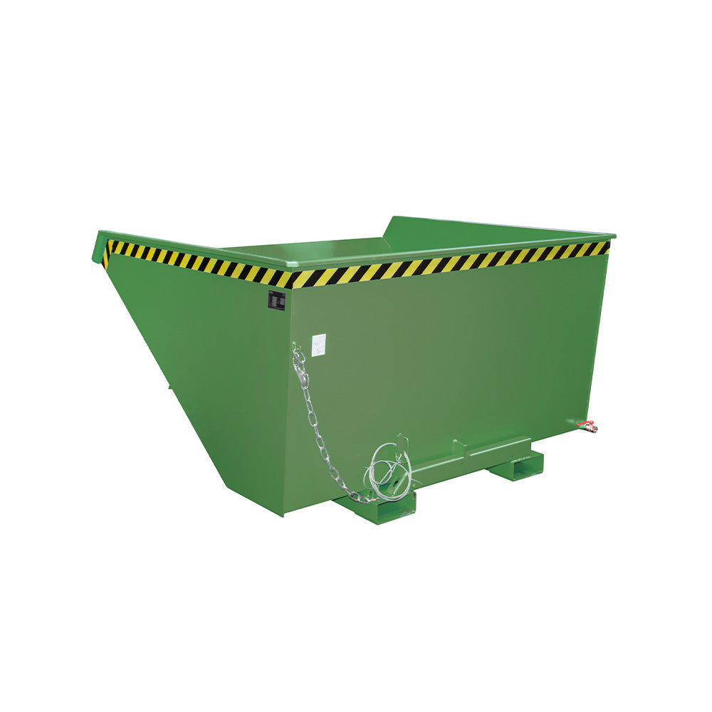 Tippcontainer EXPO®-E 2100 för spån i grön RAL 6011, med avtappningsrör och dragvajer.