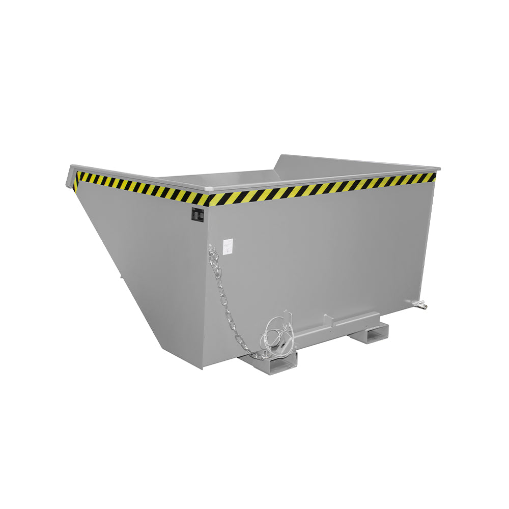 Tippcontainer EXPO®-E 2100 för spån i grå RAL 7005, med avtappningsrör och dragvajer.