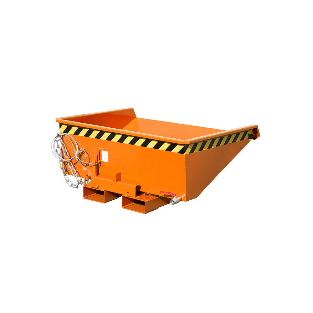 Tippcontainer EXPO®-E 225-275 för spån i orange RAL 2000, låg höjd med avtappning.