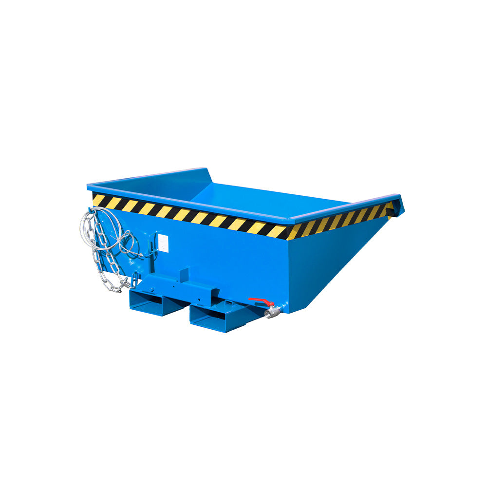 Tippcontainer EXPO®-E 225-275 för spån i blå RAL 5012, låg höjd med avtappning.